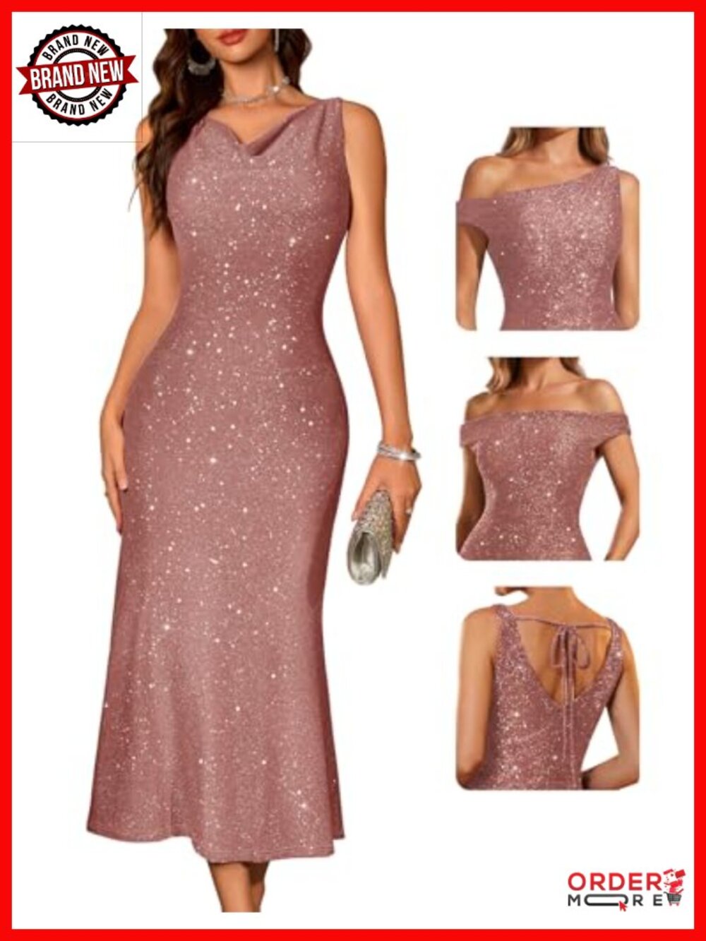 Formal Sequin Bodycon Midi Dress Sleeveless Cowl Neck